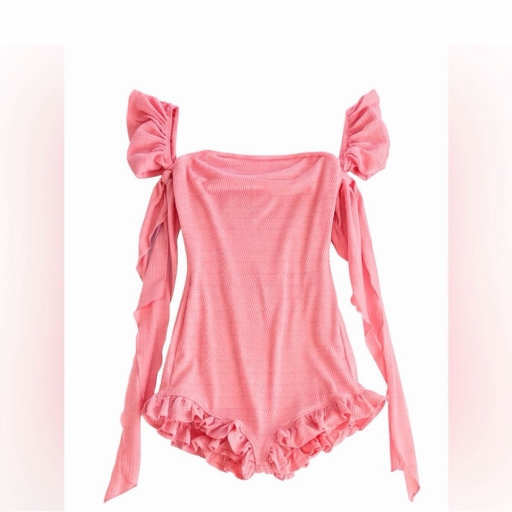Baby Pink Coquette Romper L Soft Girl Ruffle Cottagecore Coachella Love Island